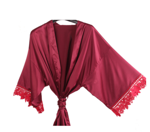 Personalized Burgundy Bridesmaid Robe — Lace Satin Kimono