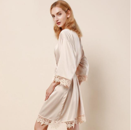Personalized Champagne Bridesmaid Robe — Lace Satin Kimono