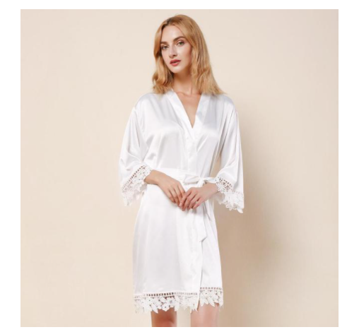 Personalized Ivory Satin Bridesmaid Robe — Lace Trim Kimono