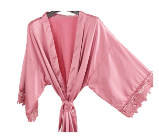 Lace trim detail on personalized satin kimono bridal robe